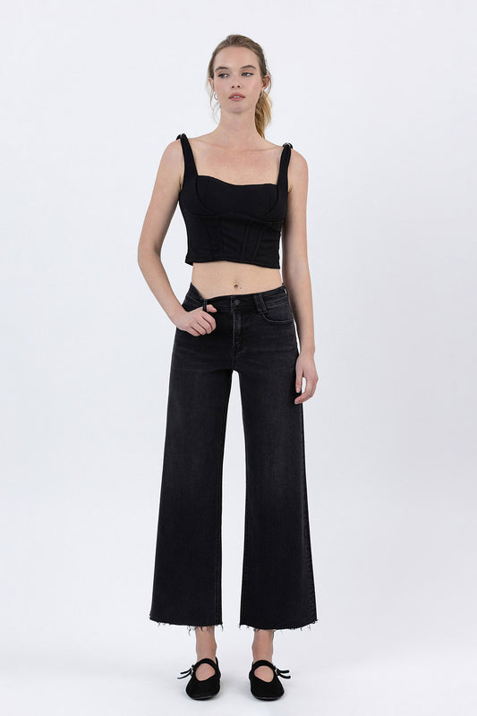 High Rise Raw Hem Ankle Wide Jeans