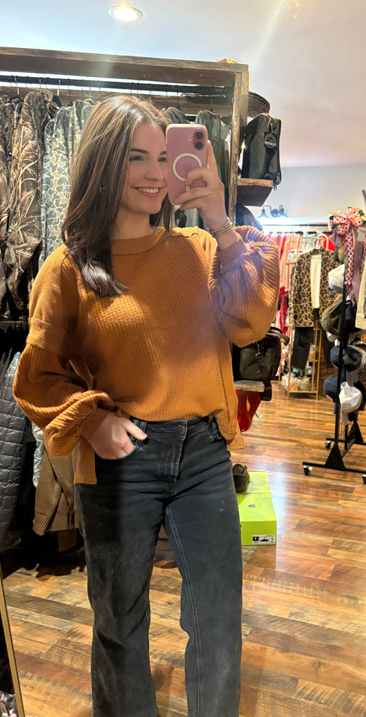 Umgee waffle & rib knit long sleeve top