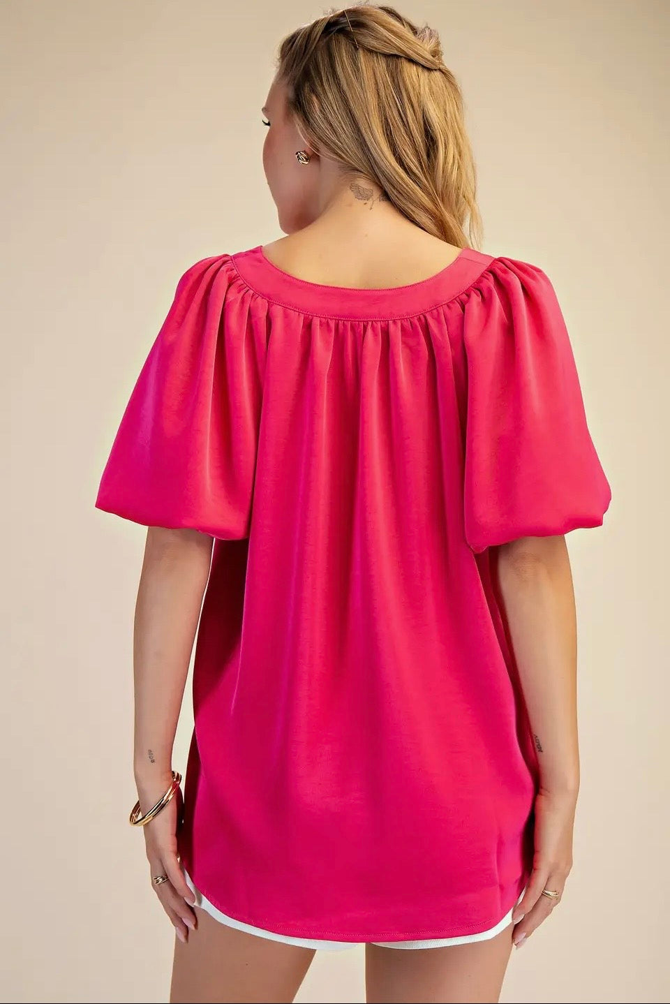 Fuchsia V-Neck Puff Sleeve Top
