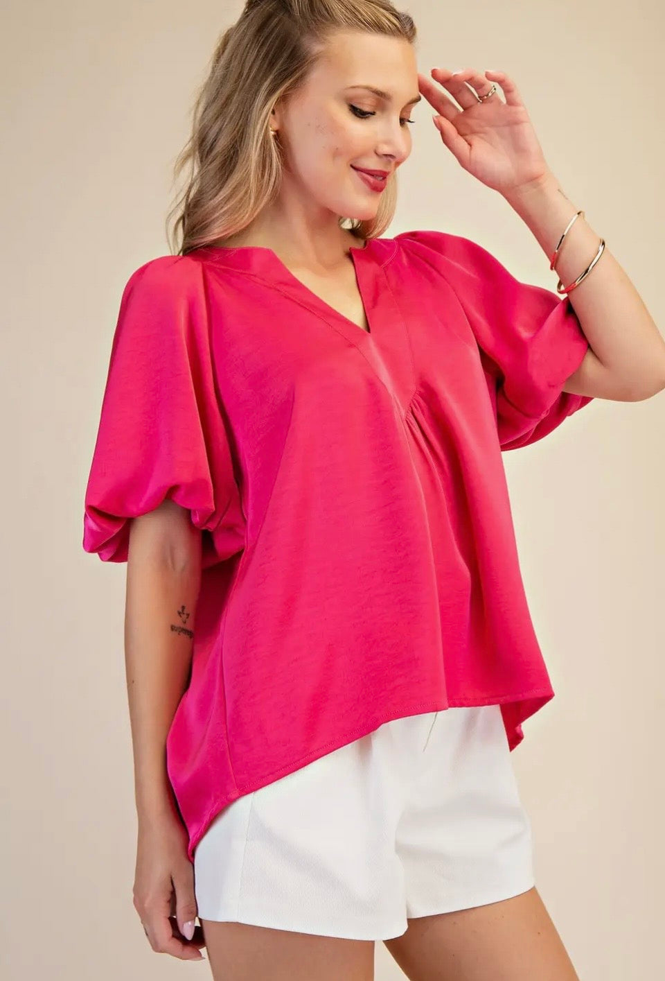 Fuchsia V-Neck Puff Sleeve Top