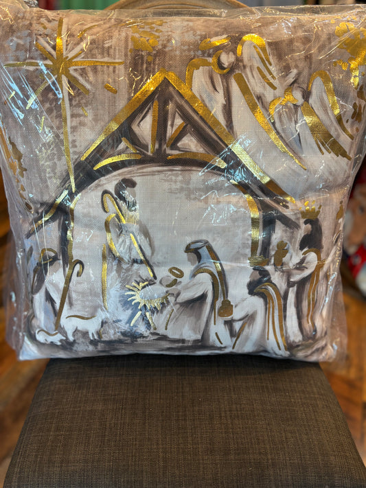 Golden Nativity Pillow with golden accents