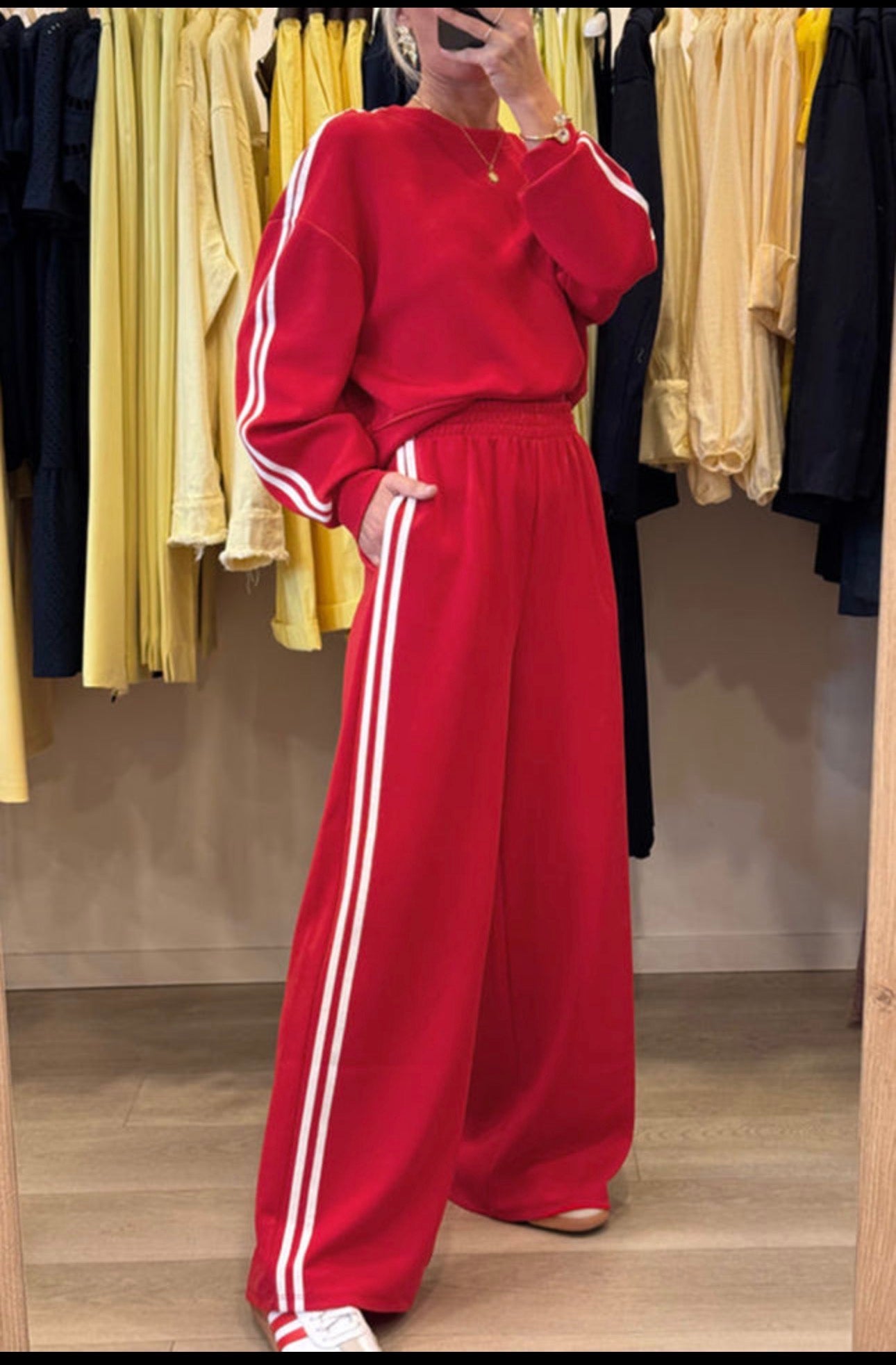 Red varsity striped set
