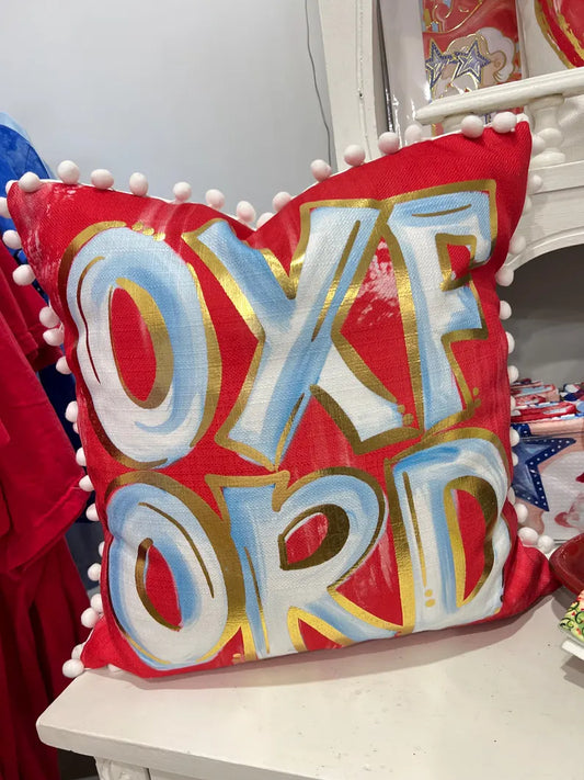 Red and Blue Pom Oxford Pillow