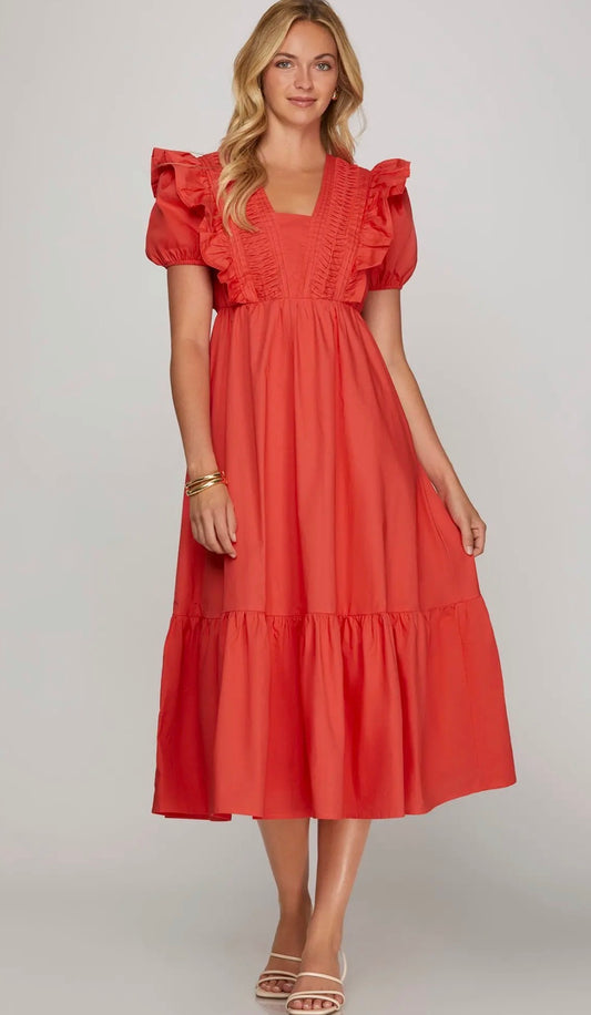 Short sleeve pin tuck detail midi dress with pockets-Red