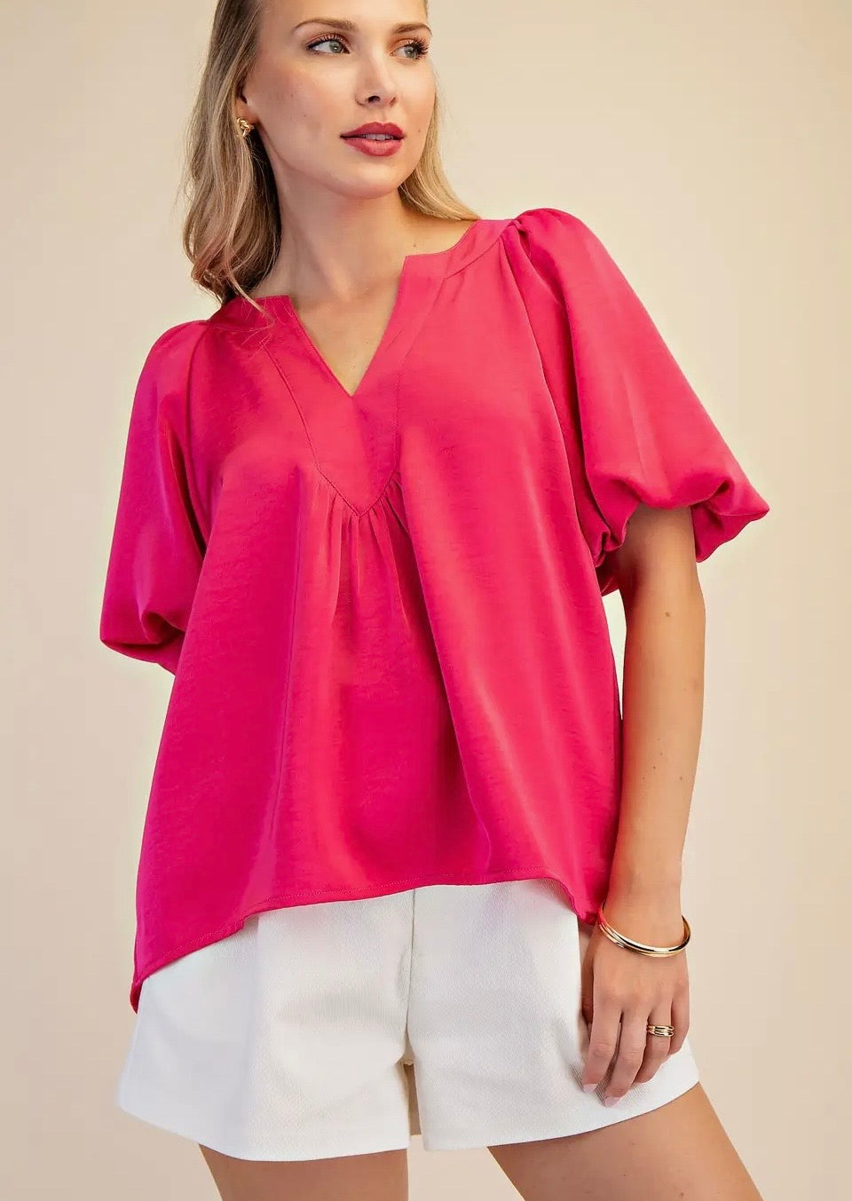Fuchsia V-Neck Puff Sleeve Top