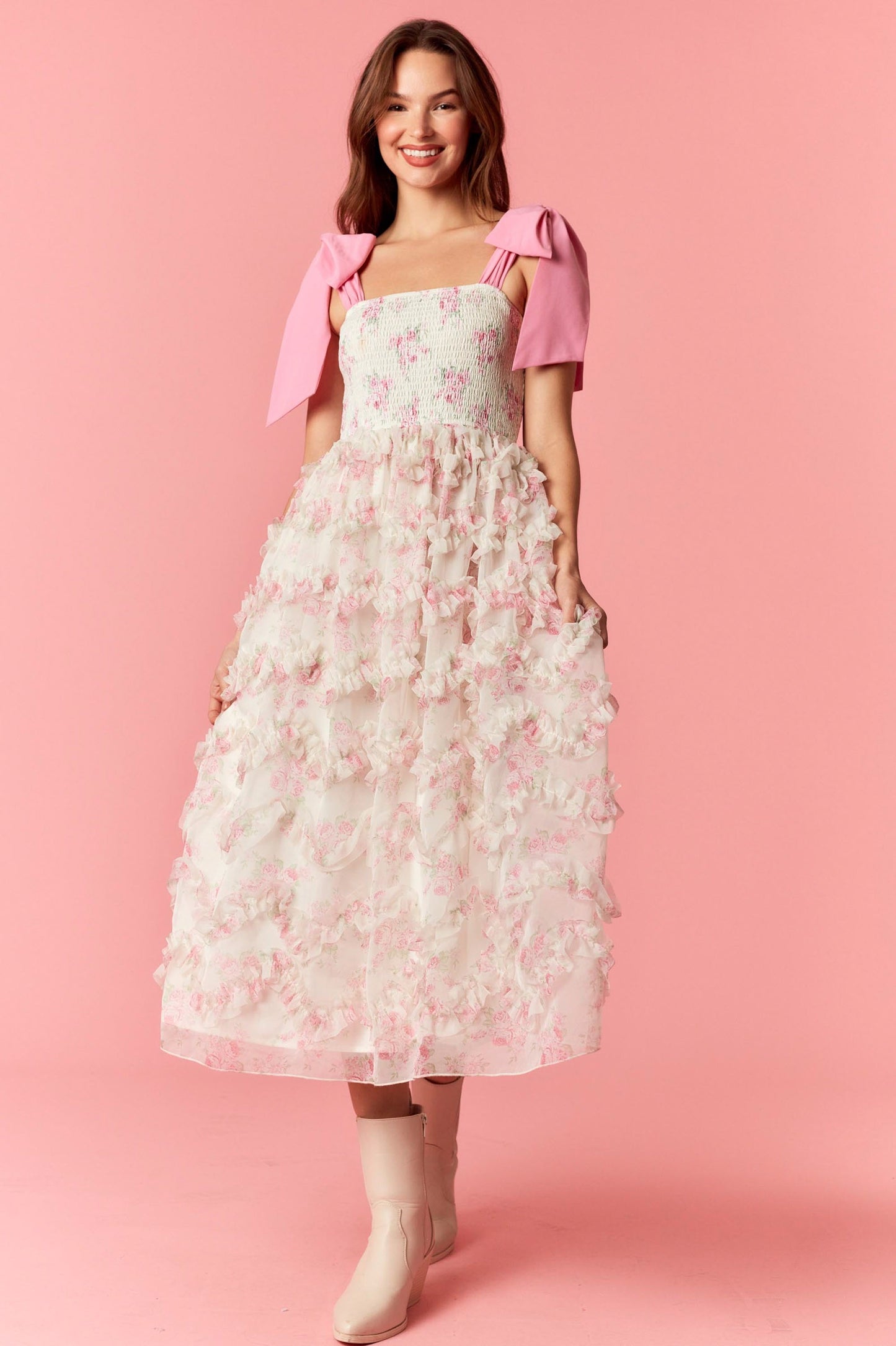 Pink Smocking Ruffle Midi