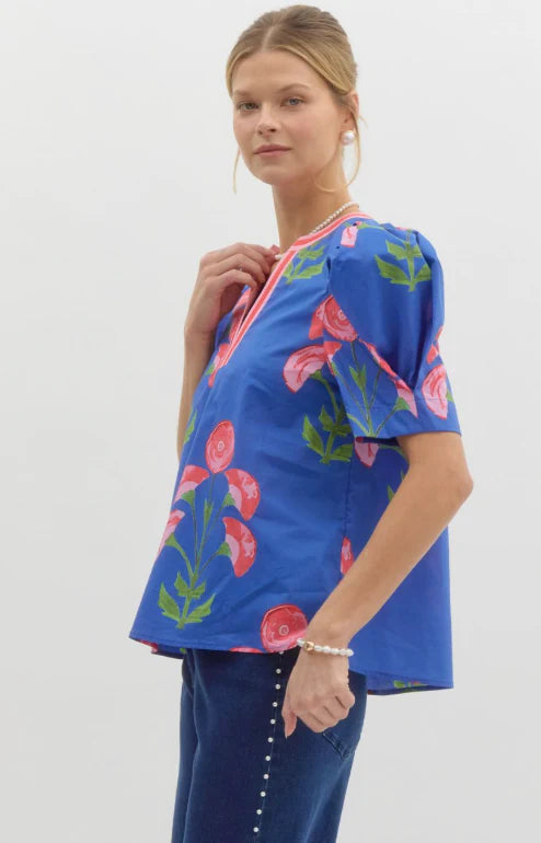 Blue puff sleeve floral blouse