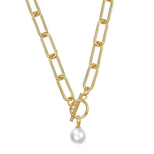 Chained Pearl Clip Necklace 18K Gold Plated Steel