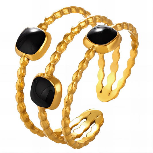 Black Stoned Ring 18K Gold Plated Steel