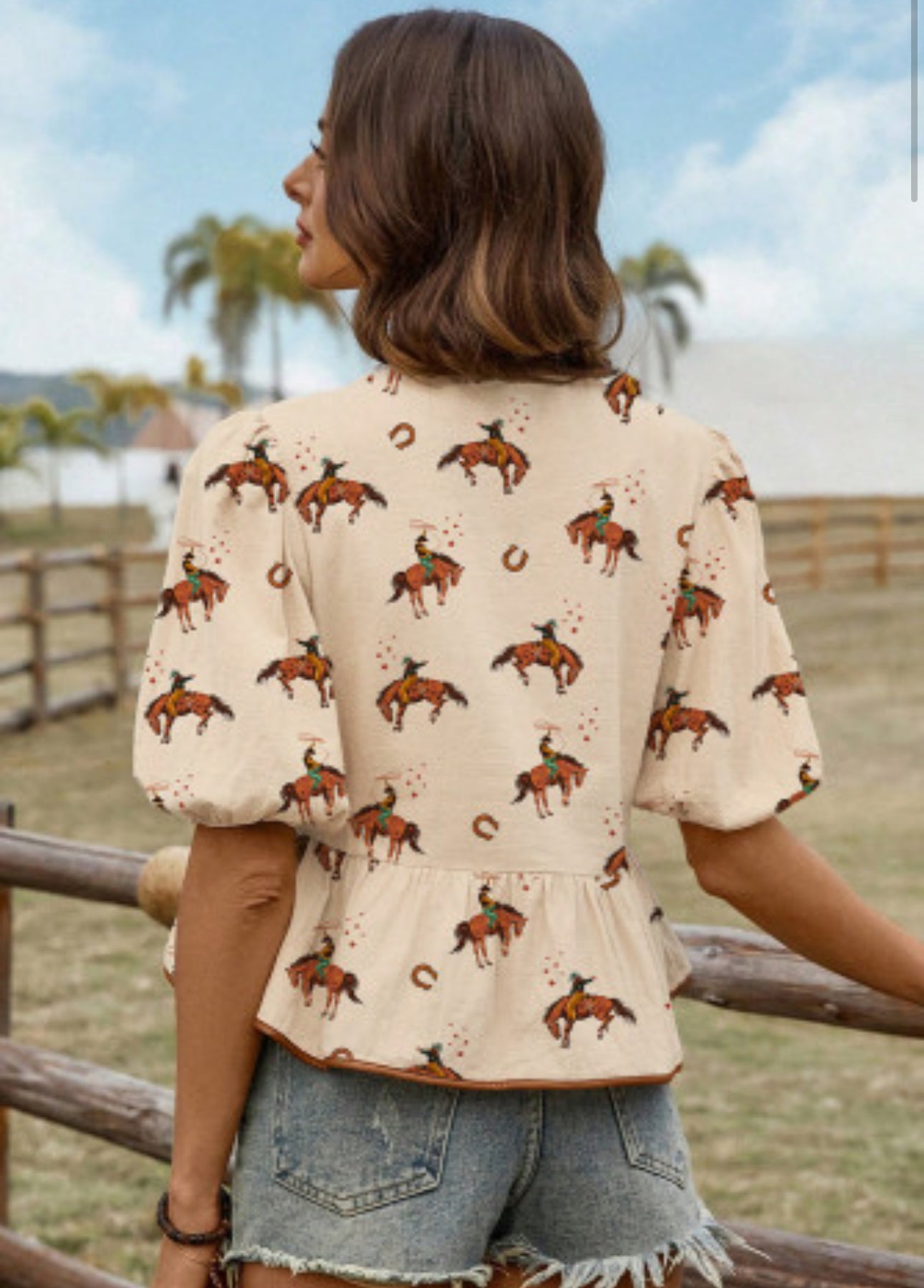 Apricot Cowboy Print Puff Sleeve Bowknot Peplum Blouse