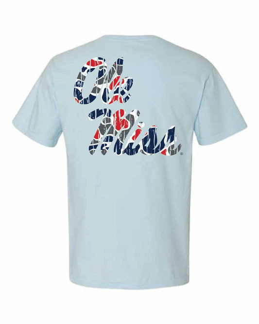 Ole Miss Script Camo Tee: Chambray