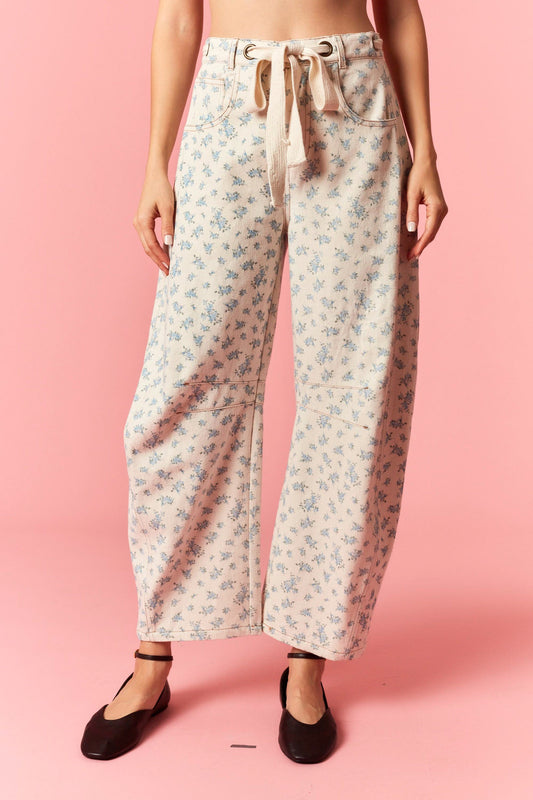Blue Floral Barrel Pants