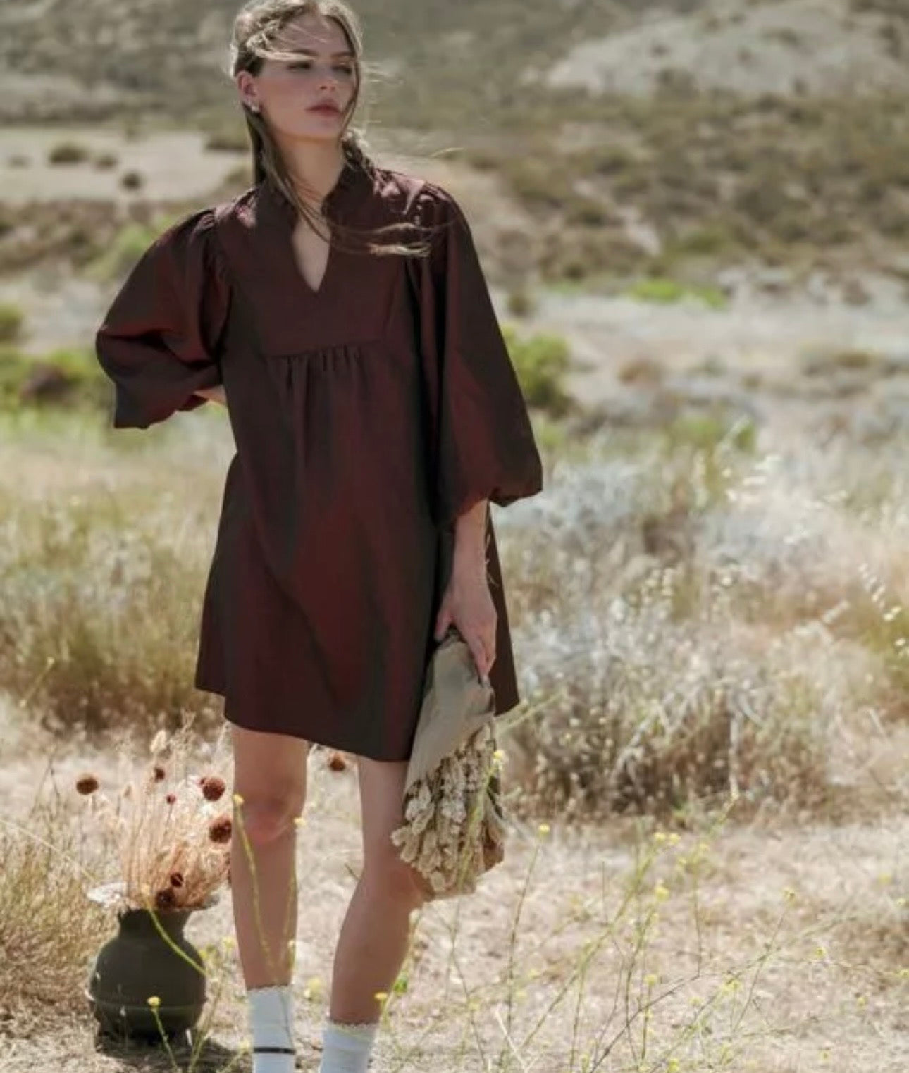 Jodifl 3/4 sleeve burgundy babydoll dress