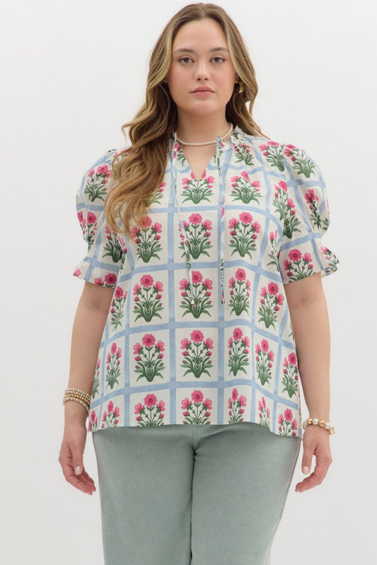 Pink Floral Pattern Puff Sleeve Blouse