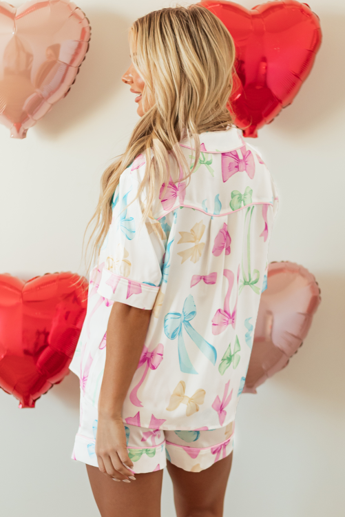 White Bowknot Print Buttoned Shirt High Waist Shorts PJ Set