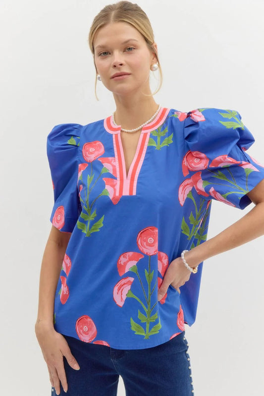 Blue puff sleeve floral blouse