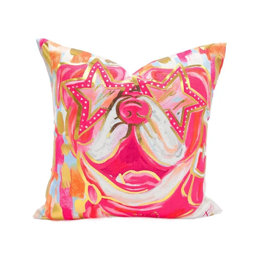 Gold Foil Preppy Bulldog Pink Pillow