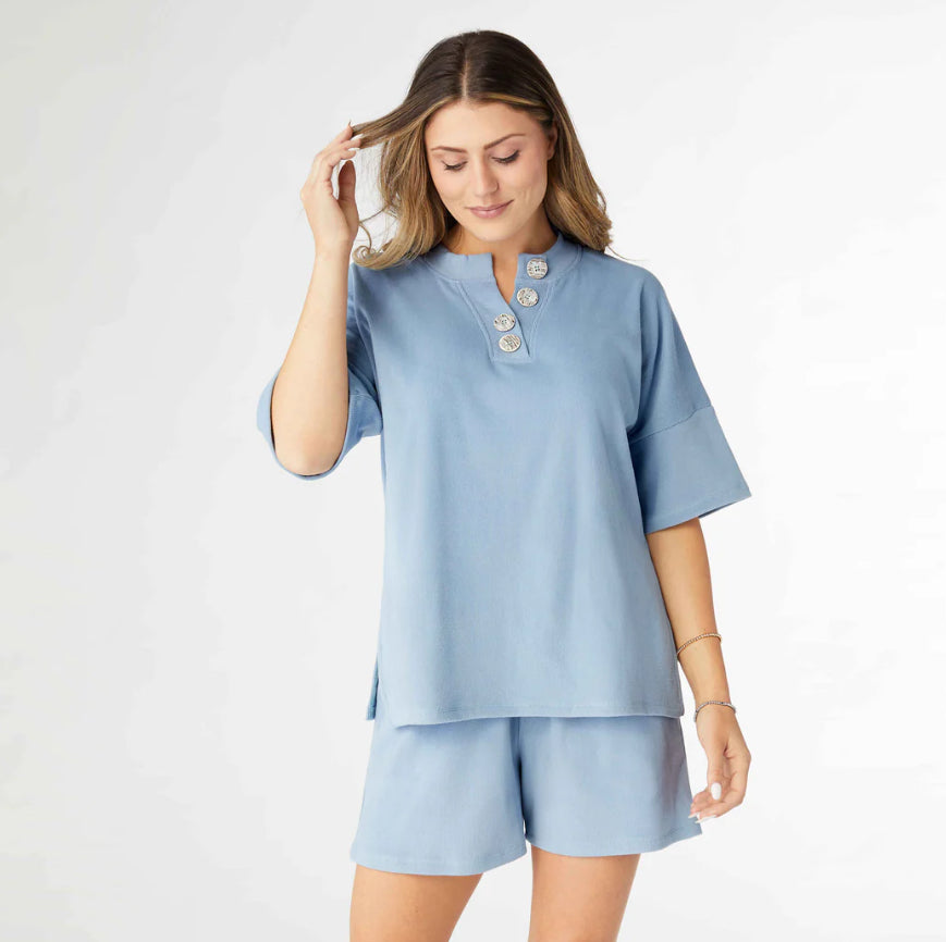 Weekend Brushed Ribbed Short Sleeve Henley Top Sky