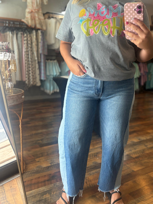 High Rise Two Tone Barrel Jeans