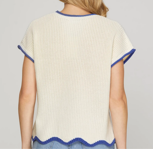 Drop Shoulder short sleeve-scallop hem sweater top Off White/ Blue