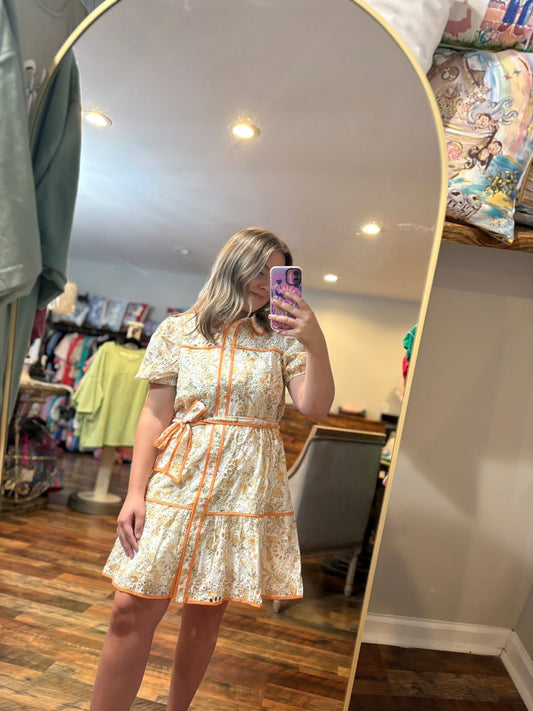 Floral Sleeve Lace Trim Accent Dress