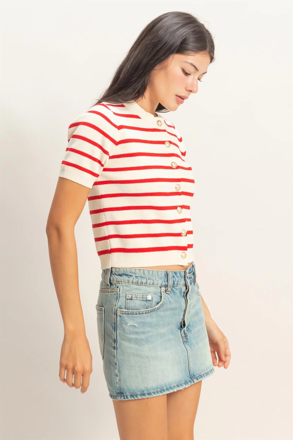 Red/White striped short sleeve button down cardigan