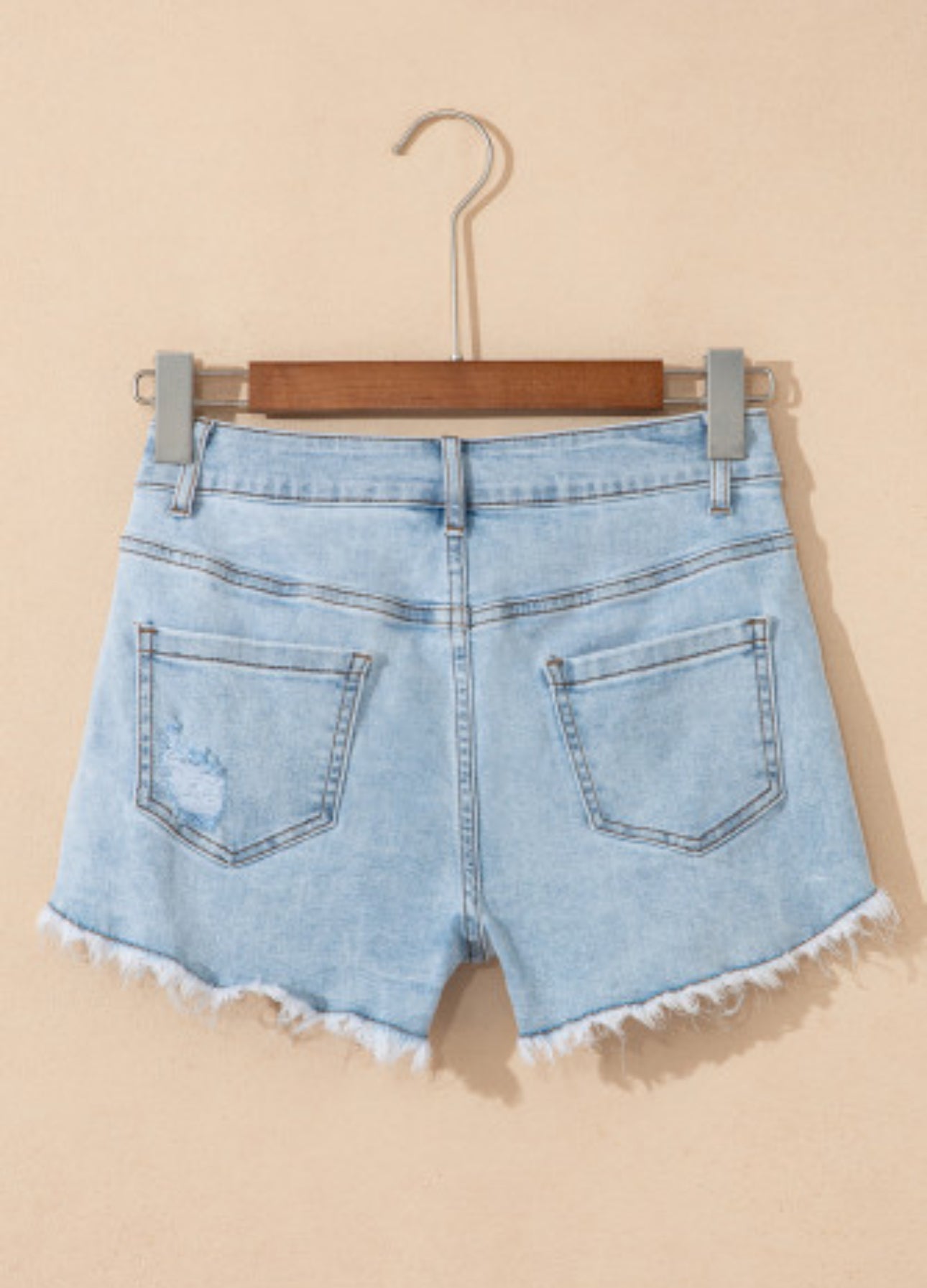 Beau Blue High Rise Distressed Raw Hem Denim Shorts