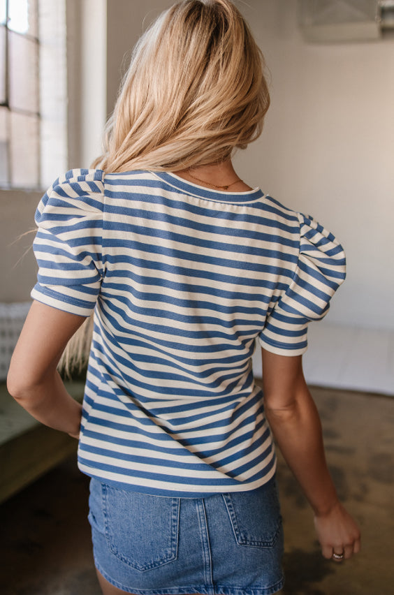 Blue Stripe America Cursive Graphic Puff Sleeve T Shirt