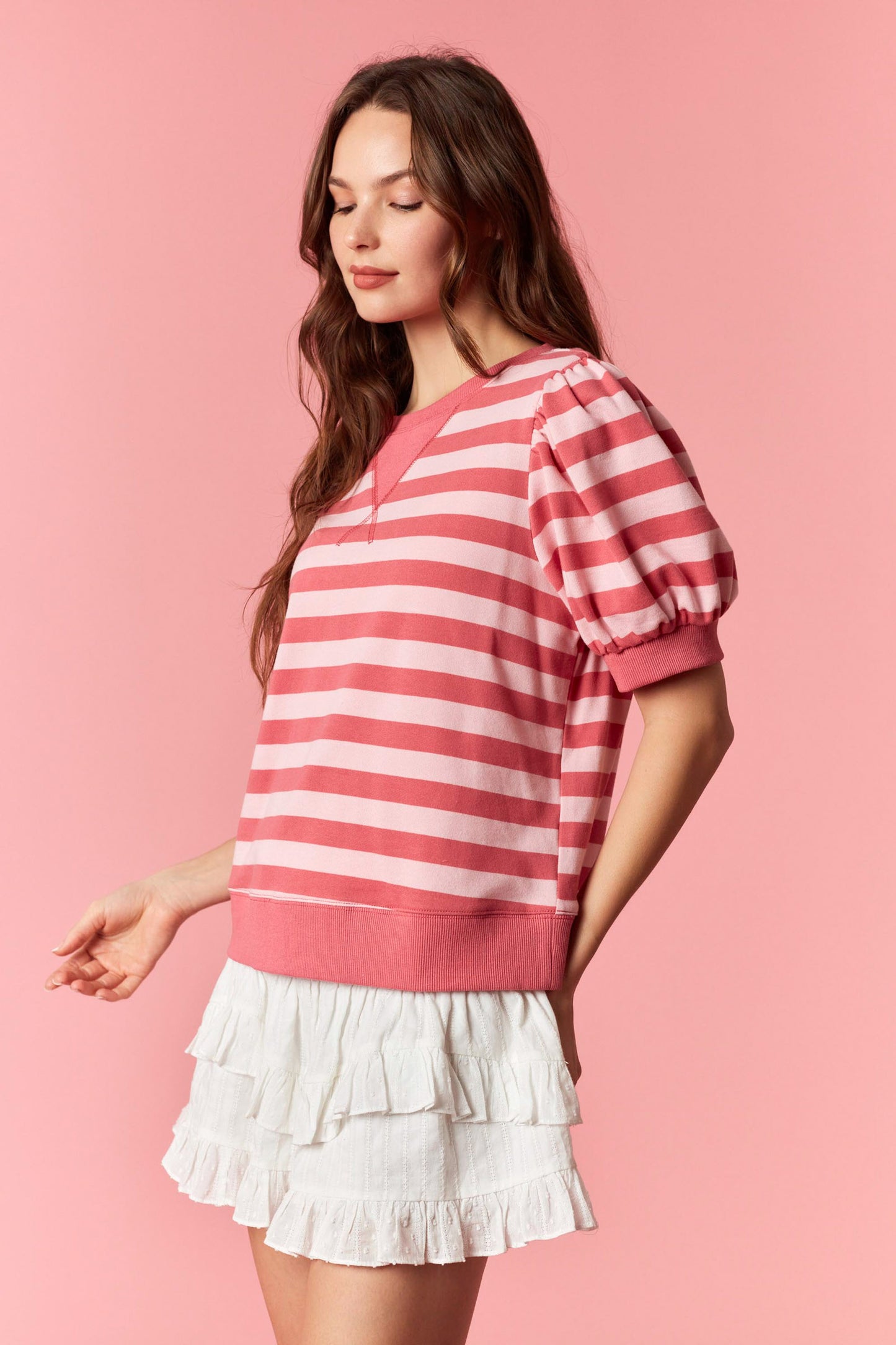 Pink Stripe V Neck Shape Top