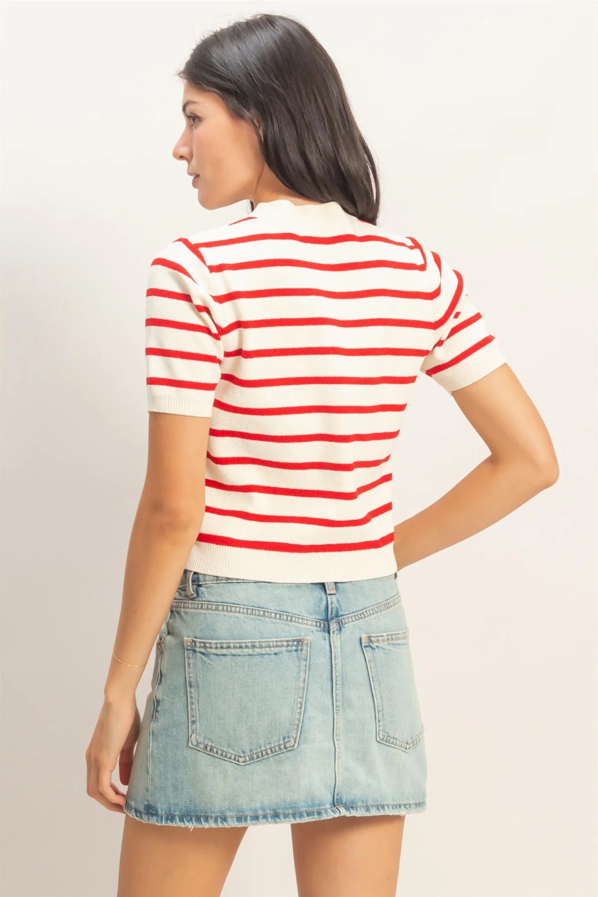 Red/White striped short sleeve button down cardigan