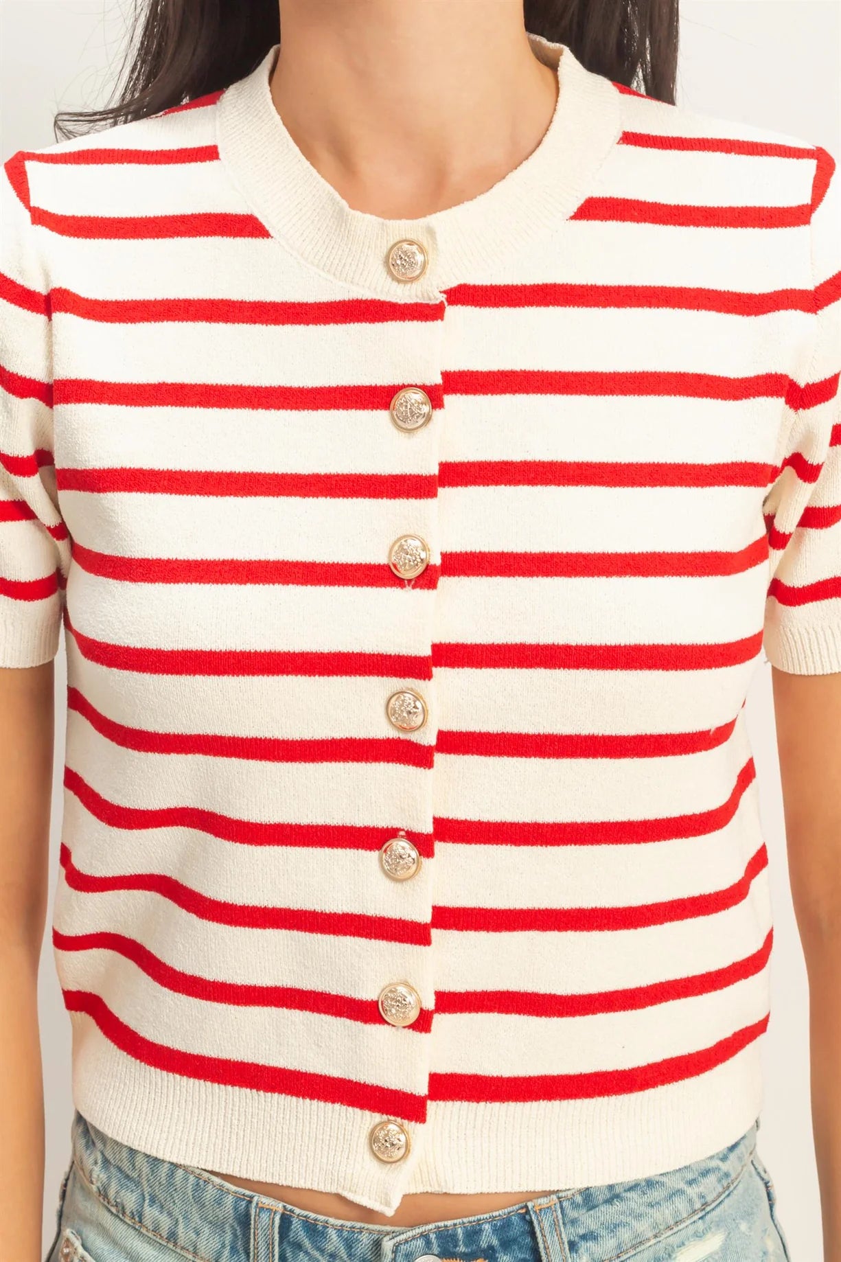 Red/White striped short sleeve button down cardigan