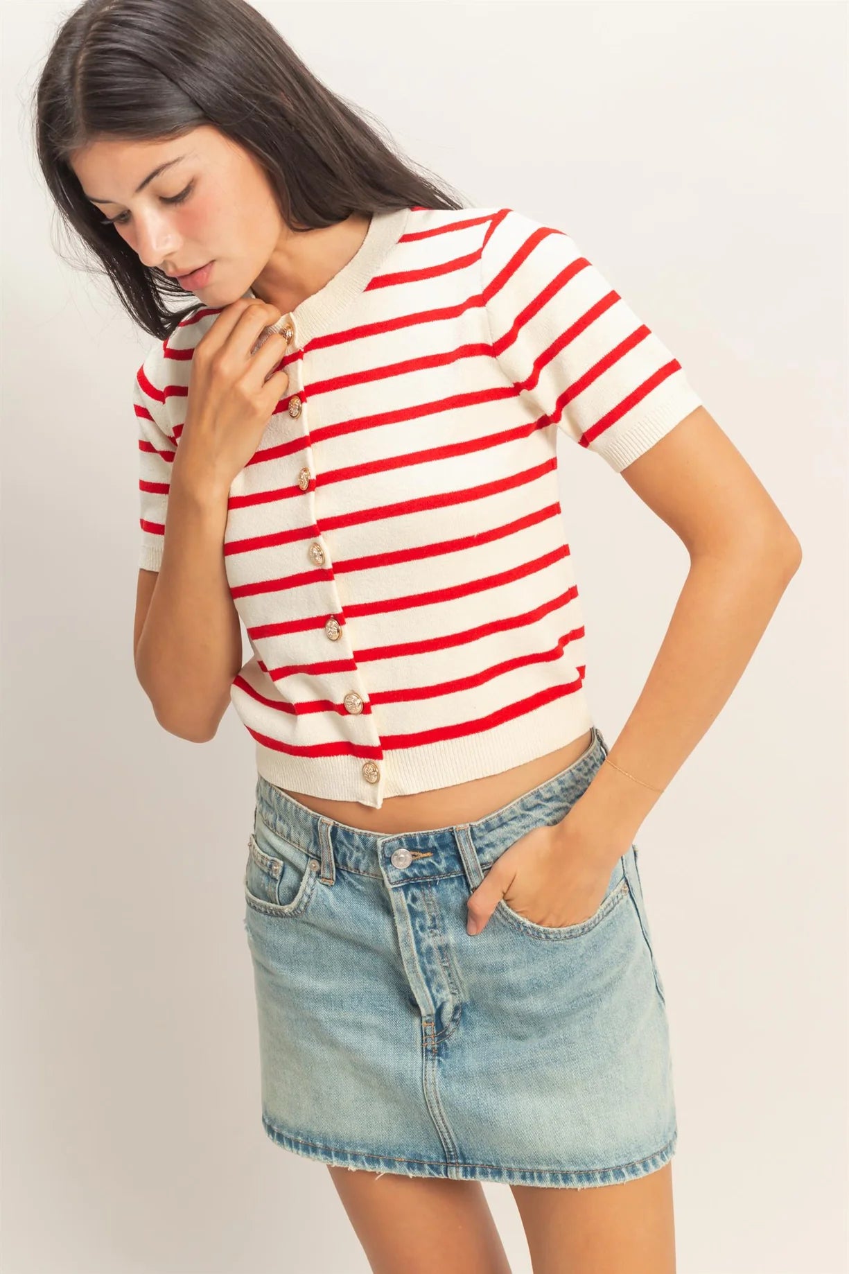 Red/White striped short sleeve button down cardigan