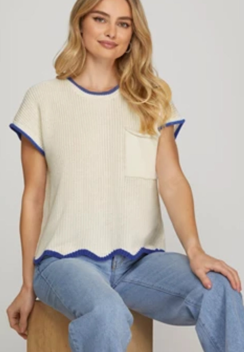 Drop Shoulder short sleeve-scallop hem sweater top Off White/ Blue