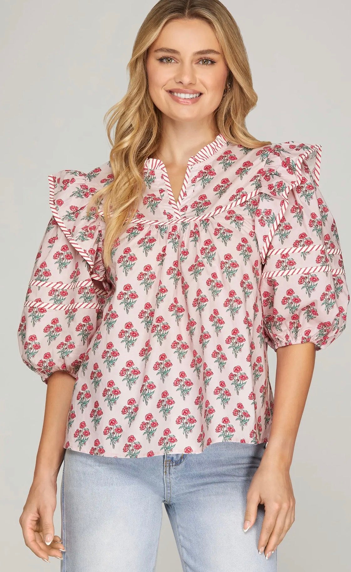 Pink floral puff sleeve top