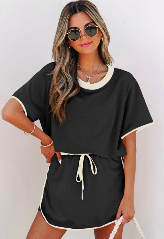 Black Colorblock Edge Drop T-Shirt Set
