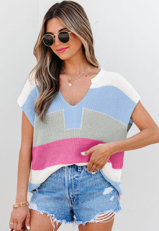 Light Blue Color Block V-Neck Sweater T-shirt