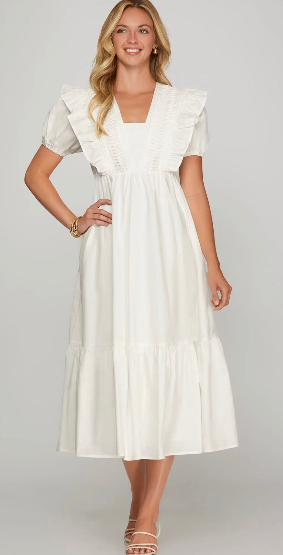 Short sleeve pin tuck detail midi dress with pockets-off white