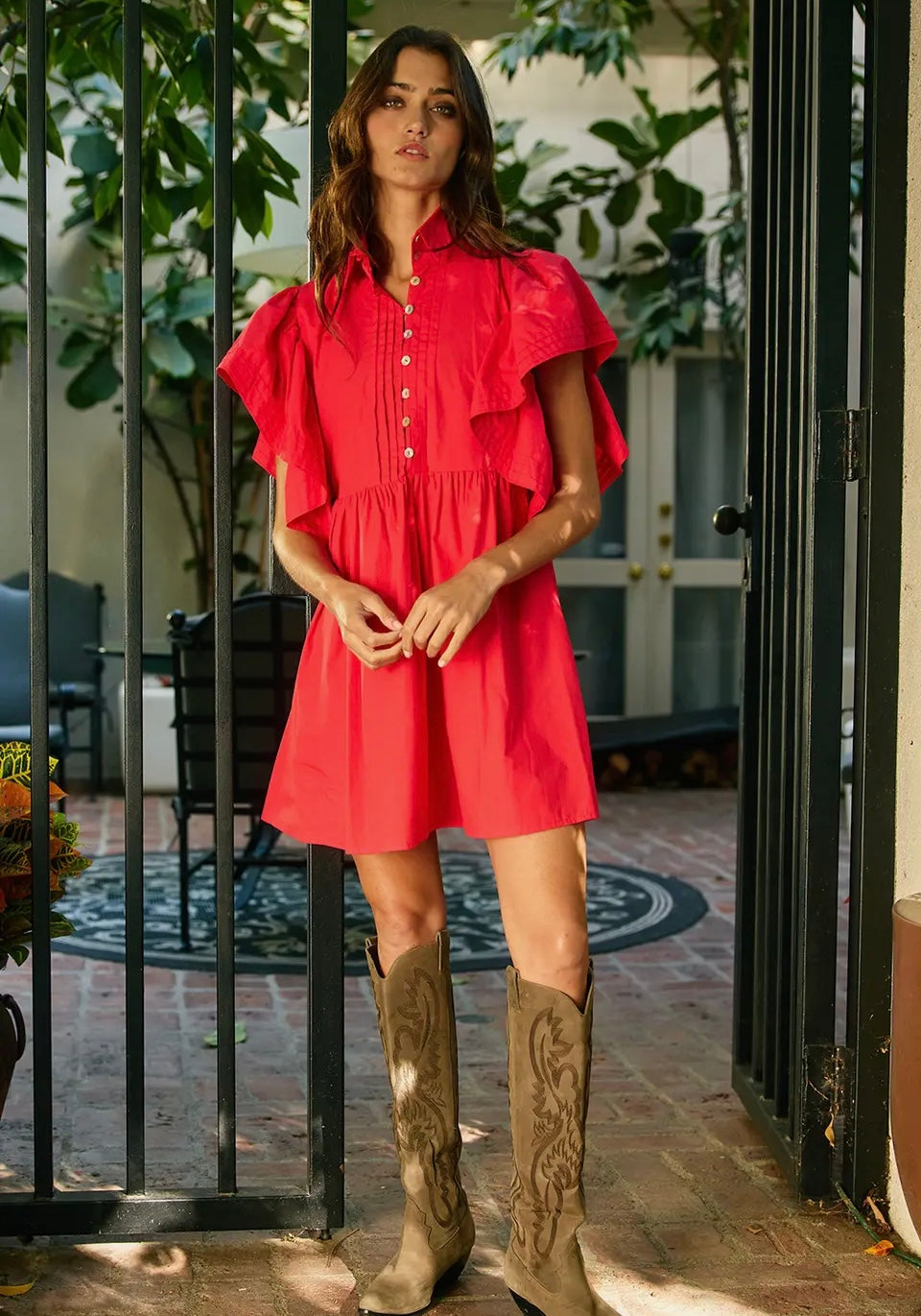Red Ruffled Sleeve Pintuck Mini Dress