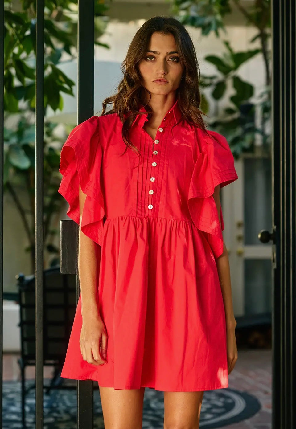 Red Ruffled Sleeve Pintuck Mini Dress