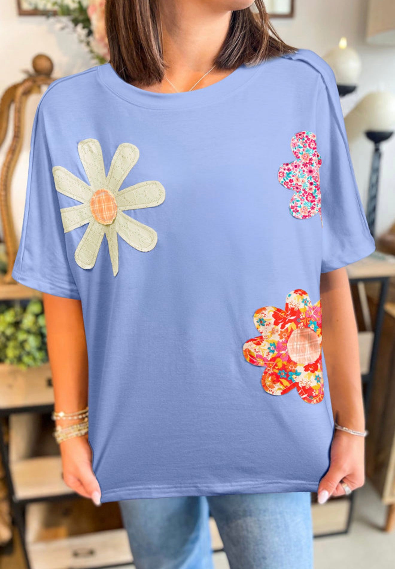 Sky Blue Flower Patched Exposed Crew Neck Tee