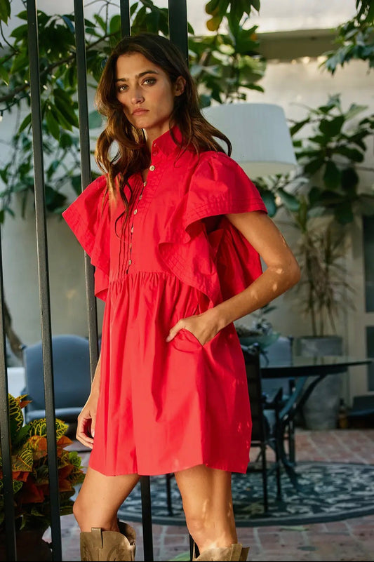 Red Ruffled Sleeve Pintuck Mini Dress
