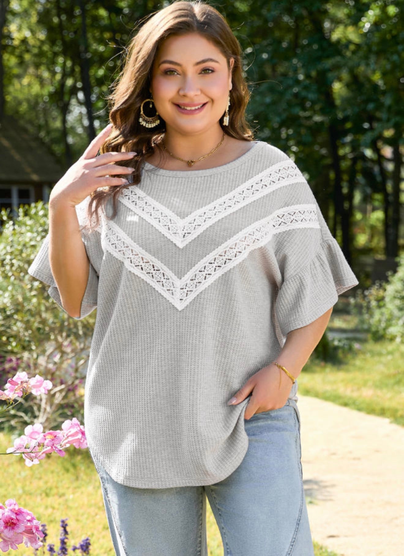 Light Grey Lace Insert Waffle Ruffle SS Blouse