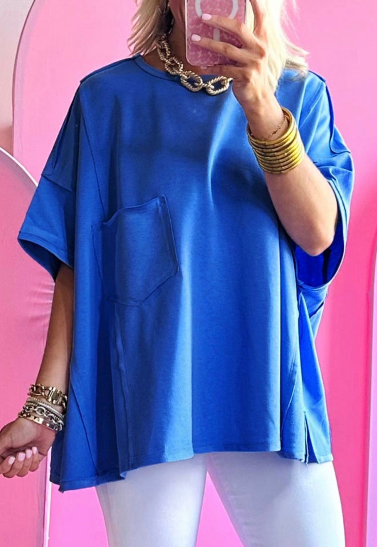 Blue Patched Pocket Oversized Tee