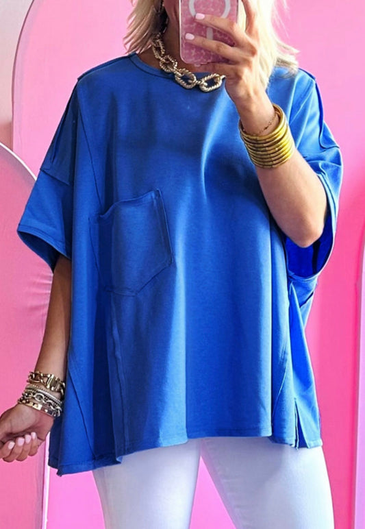 Blue Patched Pocket Oversized Tee