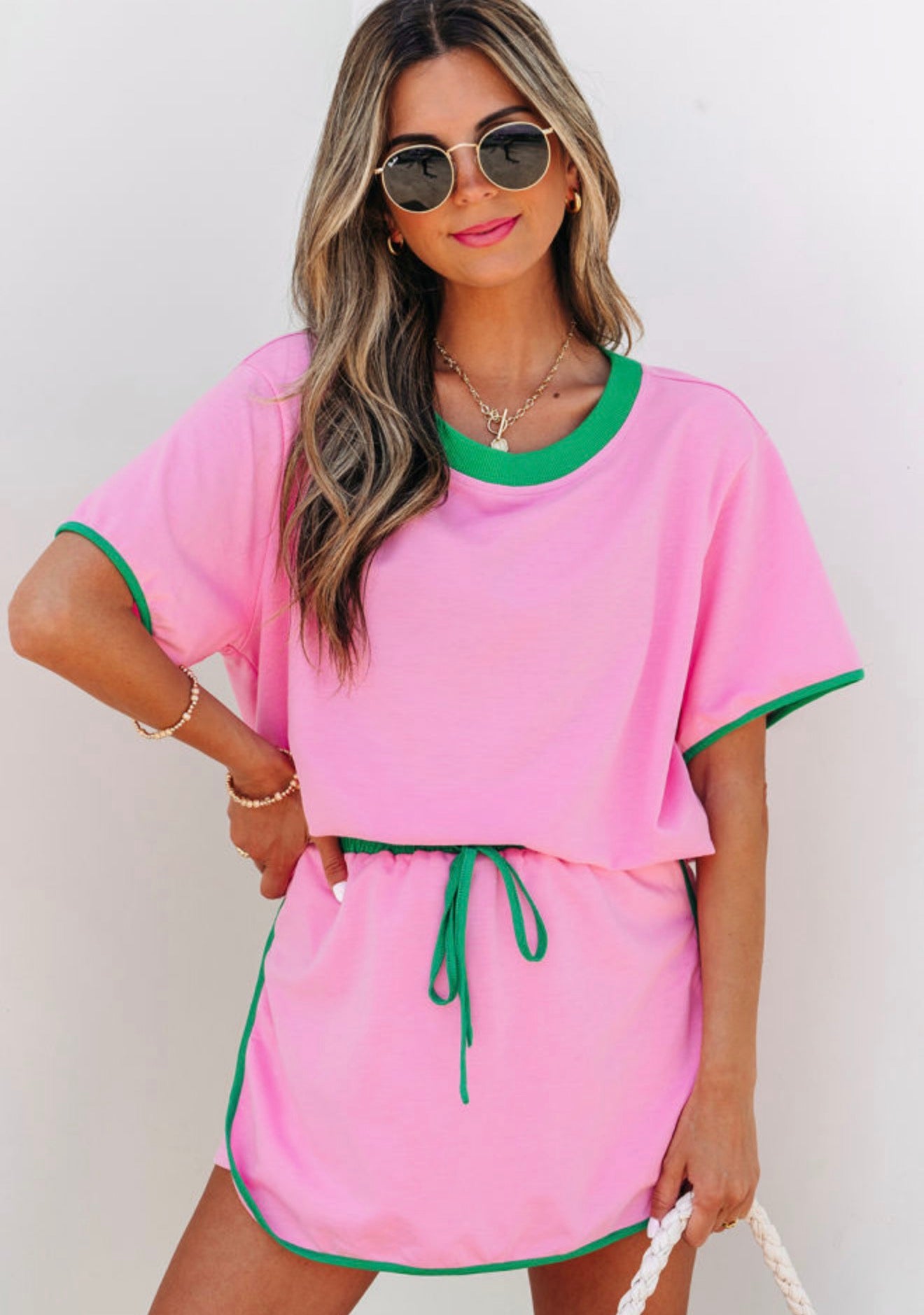 BONBON Colorblock Edge Drop Shoulder T-shirt and Skort Set