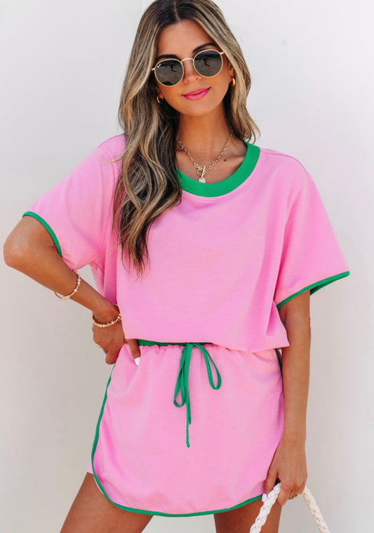 BONBON Colorblock Edge Drop Shoulder T-shirt and Skort Set