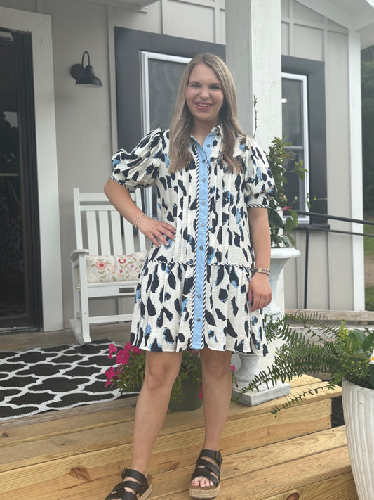 Entro Navy and Powder Blue Puff Sleeve Dress