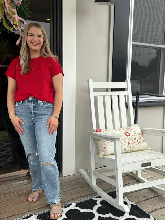 Drop Sleeve Round Neck Knit Top RED