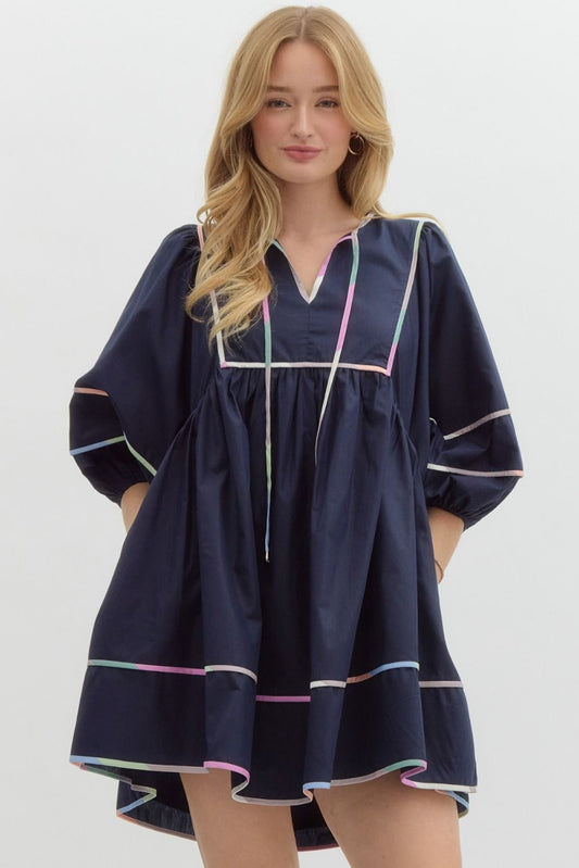 Navy Multicolor Trim Dress