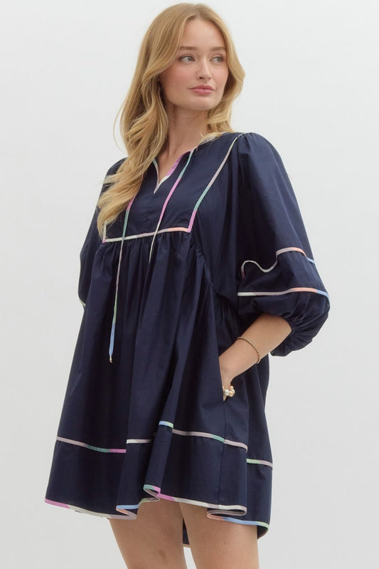 Navy Multicolor Trim Dress